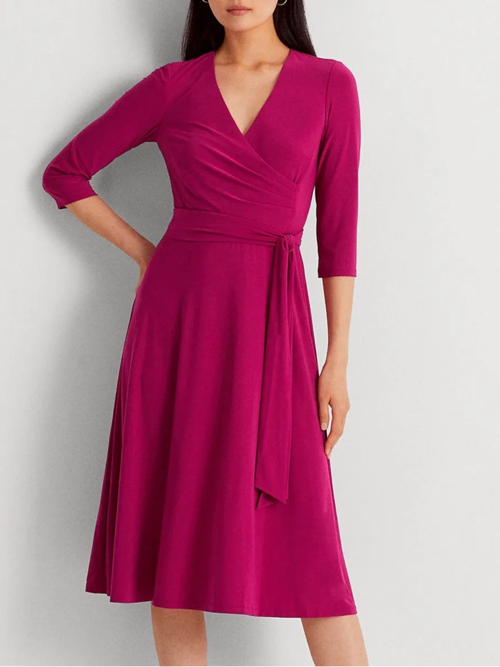 Ralph LAUREN Women's Magenta Wrap Midi Dress - Classic V-Neck Style